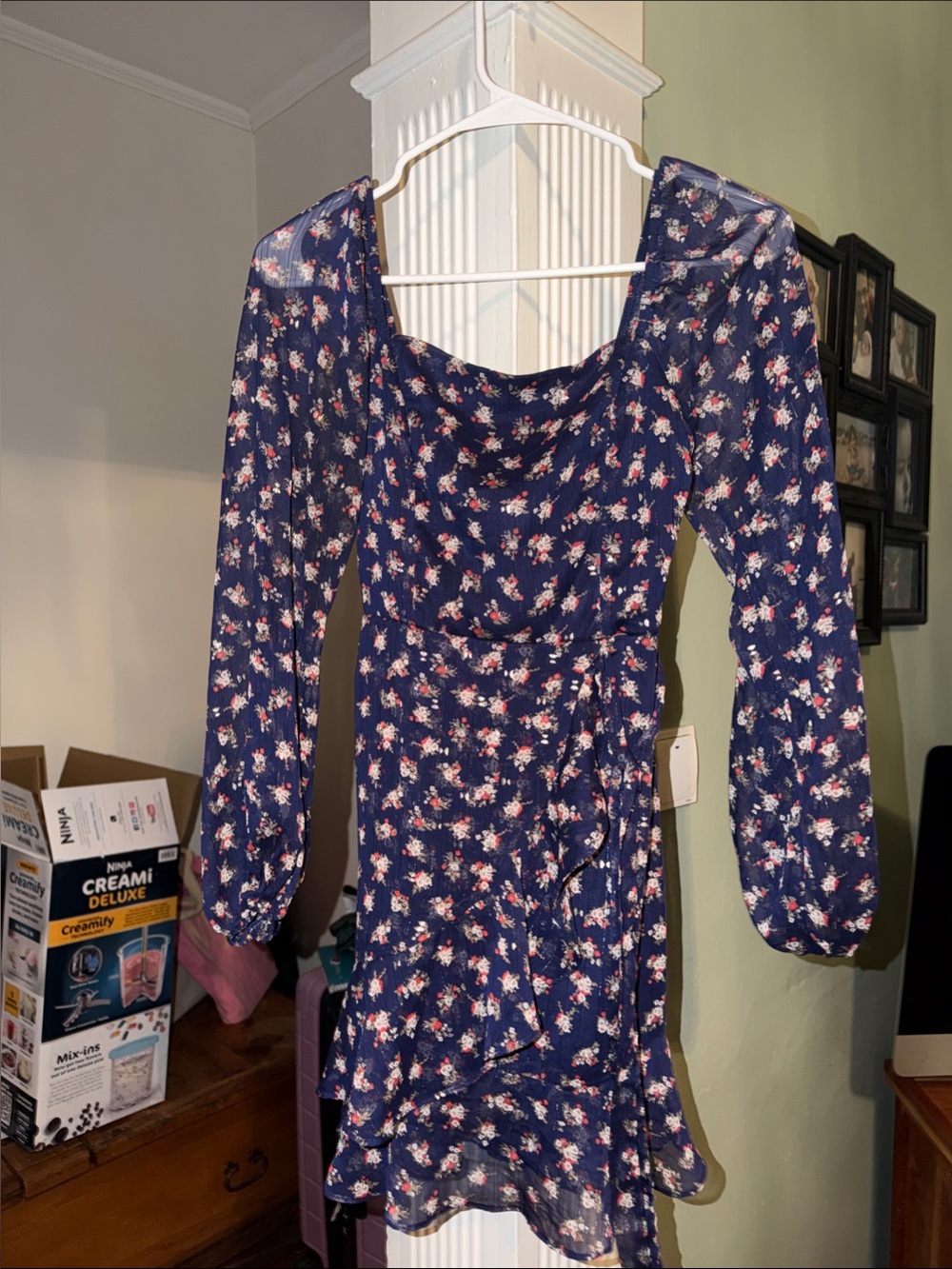 Altar'd State Navy Floral Long-Sleeve Wrap-Style Dress